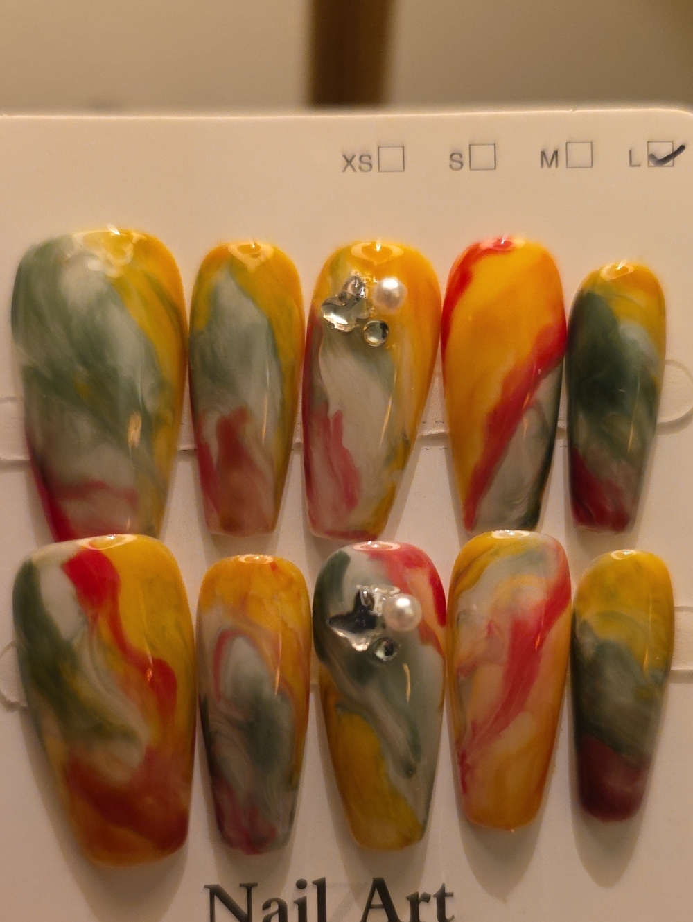 Multicolor Marble Nail Art Set - Yellow, Green, Red Size Large